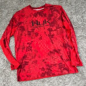 HUK Performance Fishing Long Sleeve T Shirt Red Camo Graphic Print Men's XL